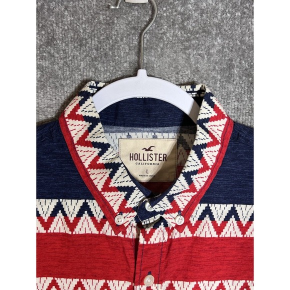 Hollister Southwestern Striped Button Down Shirt Mens Size Large Red Blue Pocket - Picture 5 of 8
